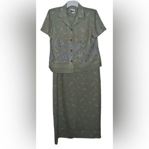 LESLIE FAY Vintage SLEEVELESS DRESS & JACKET SET sea green sage floral size 10